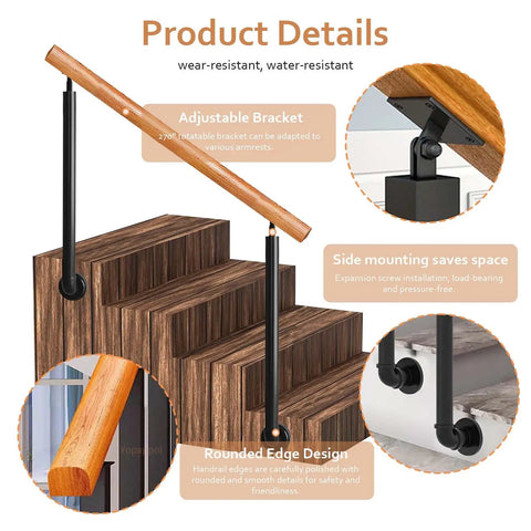 Built Tough Adjustable Solid Wood Outdoor Handrail Kit With Heavy Duty Iron Brackets For Staircase Porch And Terrace Steps, showing adjustable bracket and rounded edge design.