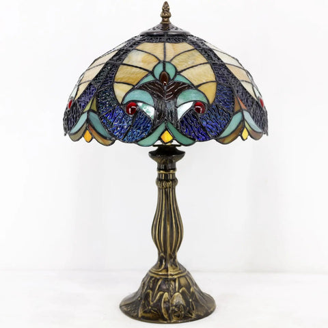 Tiffany Style Stained Glass Bedside Table Lamp With Blue And Yellow Panels, Cozy Glow Reading And Desk Light, 12 By 12 By 18 Inches