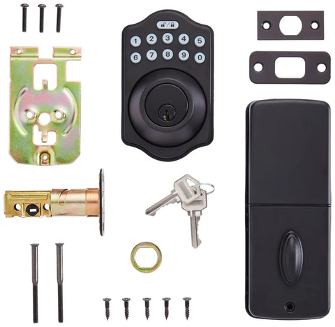 Electronic Keypad Deadbolt Door Lock With Auto Lock And Touch Control Keyless Entry kit components including keypad, keys, and screws.