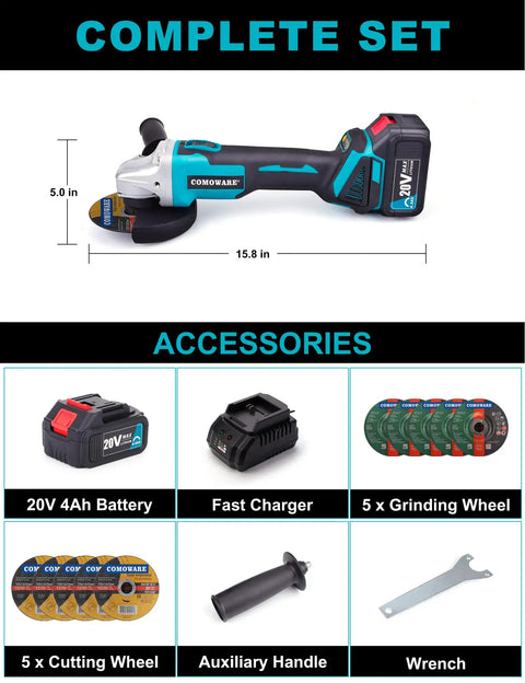 Cordless Four And A Half Inch Angle Grinder with 20V Brushless Motor, 4Ah Battery, and Accessories for Metal Cutting and Finishing