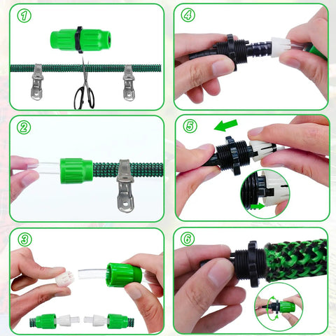 Expandable Garden Hose Repair Kit With Four Dual Channel Connectors And Metal Clamp Quick Fix For Damaged Hoses Save Money And Extend Life Fits Three Quarter Inch Or Five Eighths Inch Garden Hose Fittings Easy DIY Upgrade No Brainer, step-by-step repair process