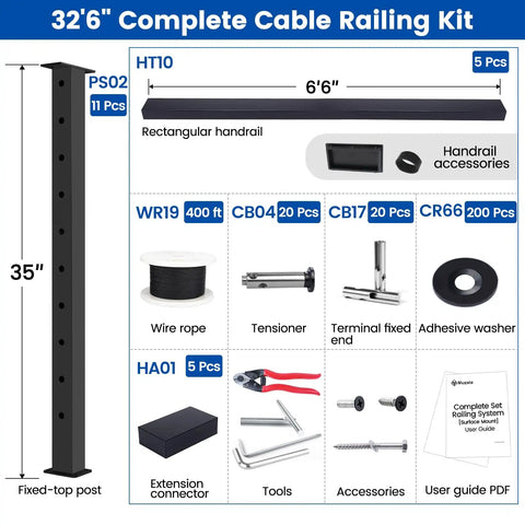Top Shelf Black Cable Railing Kit For Decks Covers 26 To 32 Ft Span With 36 Inch Surface Mount Posts And 400 Ft T316 Stainless Wire Rope DIY components