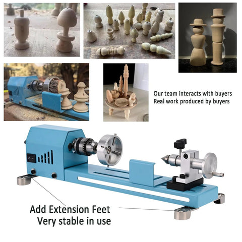 Blue mini wood lathe with tailstock and chuck, displayed with assorted wooden turned pieces and accessories.
