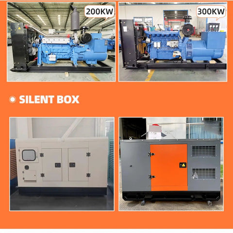 Heavy Duty Industrial Generator Set Featuring No Sweat Standby Power Delivery For Commercial Sites And Emergency Backup Power Needs That Will Crush The Daily Grind At Any Hustle with 200KW and 300KW models, shown with silent boxes.