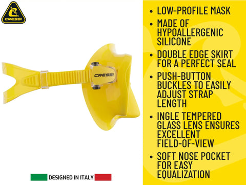 Side view of frameless snorkel mask kit with dry top snorkel for easy breathing and splash free action in yellow silicone.