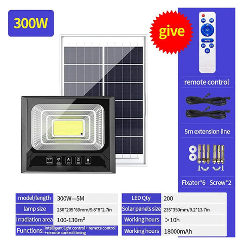 JUDYSSY Courtyard Light Solar Led Flood Light Remote Control, 300W with solar panel and remote for outdoor security use.