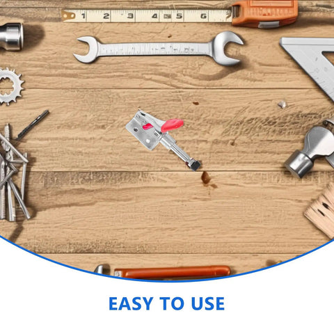 Four Piece Quick Release Horizontal Toggle Clamps Set for welding and woodworking on a workshop table with tools