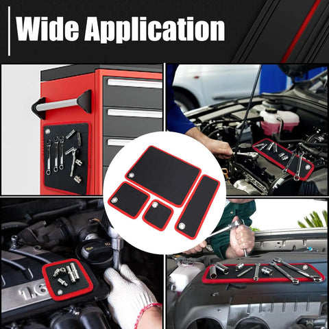 Flexible PVC Magnetic Tool Mat Set In Four Sizes 40 Lb Holding Force Non Slip Tool Tray Pads With Hanging Hole For Automotive Maintenance And Garage Workshops Keeps Screws And Wrenches From Rolling, shown on car and tool cabinet