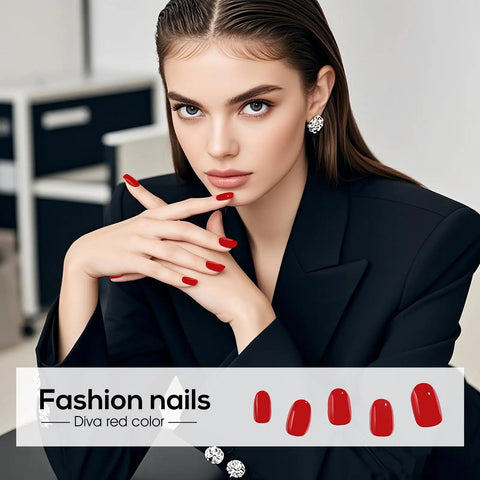 Semi Cured Gel Nail Strips Kit 20PCS For DIY Manicure Works With Any UV And LED Lamp Long Lasting No Peeling Easy To Apply Salon Quality At Home 10 Colors And Designs For Women And Girls Red with Diva red nails displayed on hands
