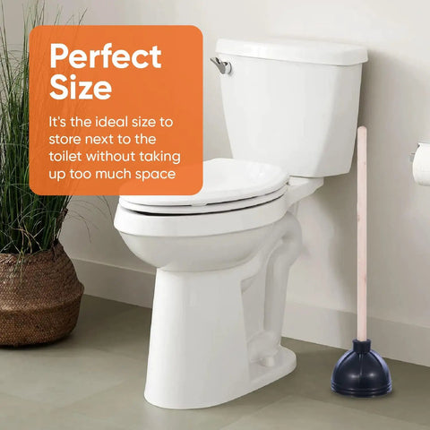 Classic Heavy Duty Toilet And Sink Plunger With 21 Inch Natural Wood Handle, Thick Black Rubber Cup, Built Tough To Blast Away Stubborn Clogs, Easy Suction For Quick Fixes next to a toilet in a bathroom.