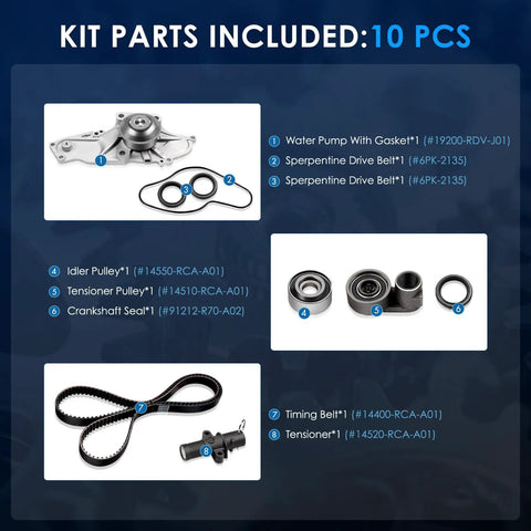 Diagram of parts in Engine Timing Belt Kit With Water Pump For Honda And Acura V6 Cars 2003-2018 DIY Friendly Includes Tensioner