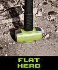 Close-up of B.A.S.H 30 Inch Sledge Hammer With 12 Lb Drop Forged Head on concrete, showing flat head and green hi-vis finish.