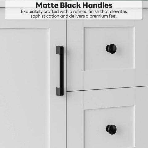 Close-up view of matte black handles on Clean Modern 30 Inch Bathroom Vanity In Bright White Matte With Integrated Sink.