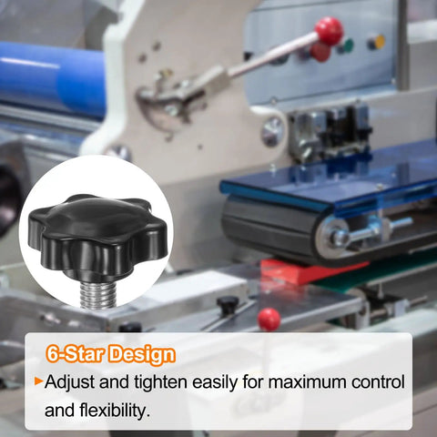 Hefty Two Piece Star Knobs Featuring Snappy Black Plastic Six Star Heads And Nasty Strong 304 Stainless M10 Threads For Quick Hand Twists on a machine.