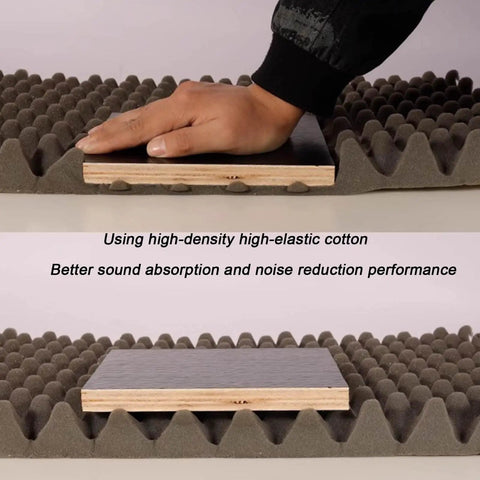 Hardcore Sound Proofing Foam Panels With Quick Rebound Memory Foam for podcast booths, hand applying foam, shows dense design and texture.