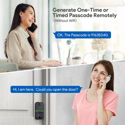 Super Slick Smart Door Lock Deadbolt With Keypad And Quick Fingerprint Reader For Absolute Game Changing Keyless Entry Auto Locking Setup With Bluetooth App Control And Spare Keys, featuring a user on phone and keypad.