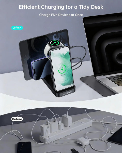 5-In-1 Do-It-All Galaxy Wireless Charging Station with Dual USB C and USB A Ports, 15W Fast Charge on tidy desk, black