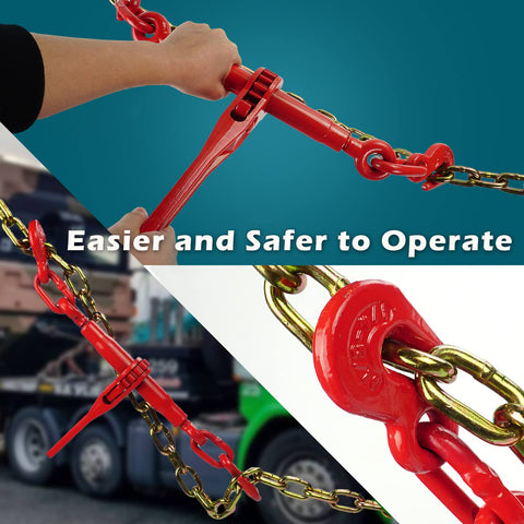 Heavy Duty Grade 70 Chain Transport Kit with 5/16 to 3/8 Inch Chains and Binders, featuring red ratchet binder and chain close-up.
