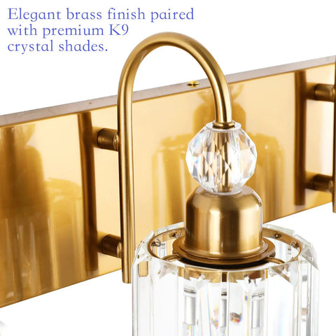 Close-up of Brass Gold 3 Light Vanity Light With Crystal Accents For Bathroom Over Mirror Modern Style E26 Base Compatible