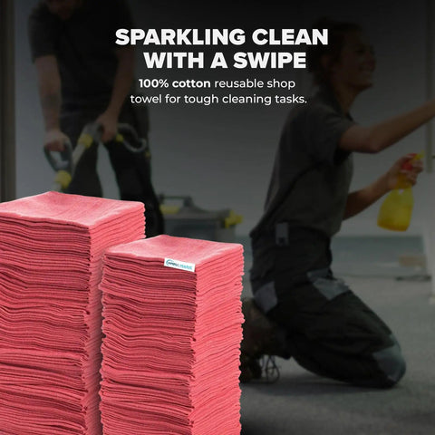 Premium Shop Towels 14x12 Inch Commercial Grade Red 150 Pack stacked for heavy duty cleaning in workshop