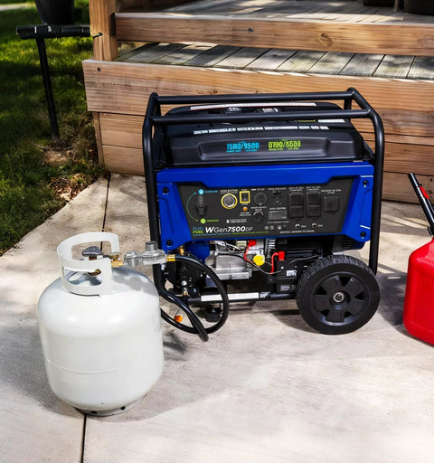 Two stage propane regulator for RV and outdoor appliances connected to generator and gas tank outdoors.