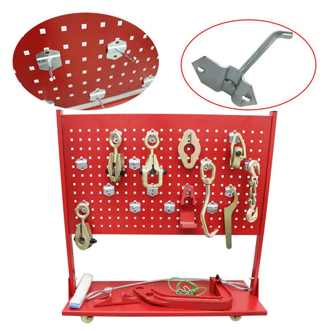 Beast Of A Car Frame Repair Machine With Puller And Straightener For Auto Body Restoration, tool display with red hooks and pegs