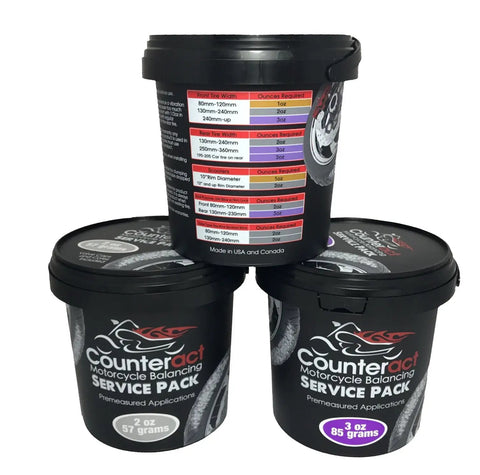 Real Deal Motorcycle Tire And Wheel Balancing Beads Shop Service Pack Kit with 2 oz and 3 oz containers showing product details.