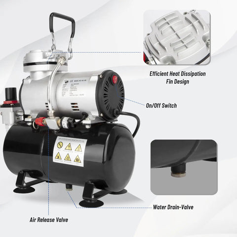 Oil Free Airbrush Compressor AS186 With 3L Tank Regulator And Moisture Trap, showing valves, switch, and heat dissipation design