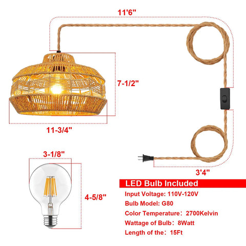 Hand Woven Rattan Pendant Light With Plug In Cord 15Ft Hemp Rope, On Off Switch, dimensions and LED bulb included
