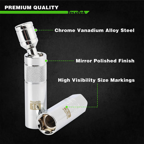 10 Piece Three Eighth Inch Drive Magnetic Spark Plug Socket Set With Swivel Head And Universal Joint Includes Nine Sixteenths, Five Eighths shown with chrome vanadium and polished finish