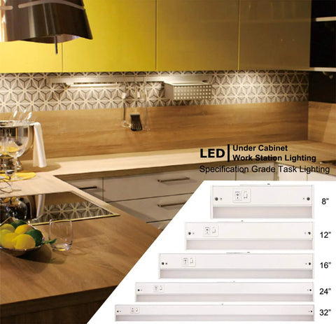Under Cabinet LED Light Fixture 24 Inch, 14W, 985 Lumens, Dimmable, CRI 90, installed in a modern kitchen setting.