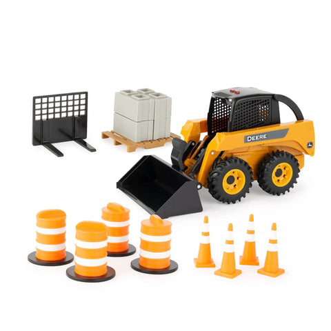 Big Farm Skid Steer Set 1 16 Scale Lights And Sounds Construction Toy With Interchangeable Bucket And Forks Includes Barrels Cones Cement Blocks