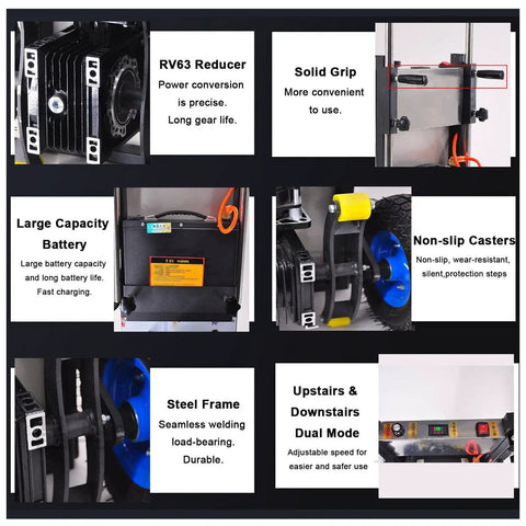 Heavy Duty Electric Stair Climber Hand Truck That Nails Heavy Moves With 400kg Load, Brushless Motor, And Removable Battery For Easy Lifting features large capacity battery and non-slip casters.