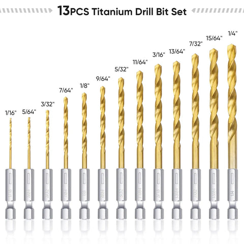 Titanium Coated Drill Bit Set With Hex Shank And 135 Degree Tip High Speed Steel Drill Bits Kit For Steel Aluminum Copper