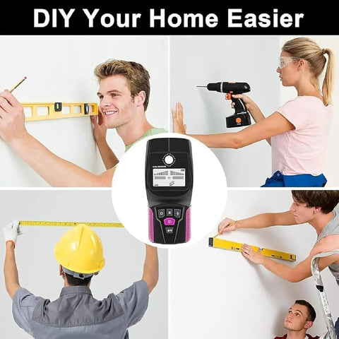 Stud Finder Wall Scanner, Electronic Stud Detector with LCD Display for wood and metal shown with DIY enthusiasts using it.