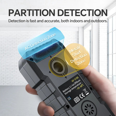 Rechargeable Stud Finder And Wall Scanner That Works Like A Charm For Spotting Wood Joists Live AC Wires And Metal Pipes With Pinpoint Edge Center Detection for rapid detection zones.