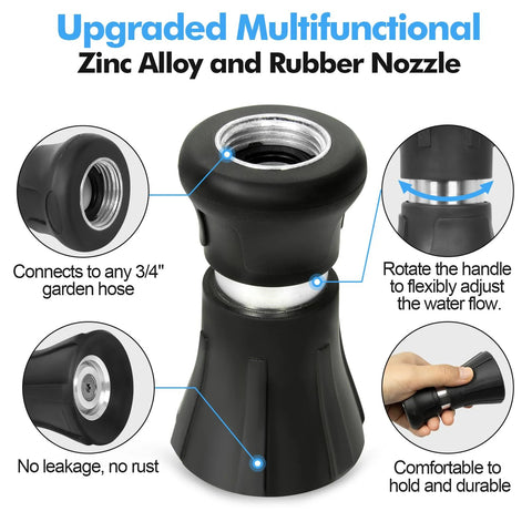 Front view of black garden hose nozzle head with zinc alloy and rubber construction and 3/4 inch fittings