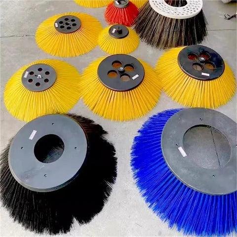 Ride-On Floor Sweeper Side Brush Replacement Part In Four Sizes D180 X400mm, D210 X450mm, D260 X500mm, And D130 X350mm. Heavy Duty Bristle Sweepers in varying colors.
