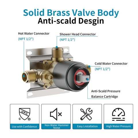 Solid brass valve body for Matte Black Shower System With Tub Spout And 2 In 1 Rainfall Head With Handheld, 3 Way Diverter Valve Kit