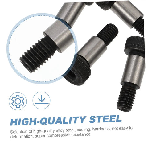 Close-up of steel shoulder screws from Shoulder Screws Set Six Piece Heavy Duty Plow Bolts And Nuts Kit For Home Improvement And DIYers