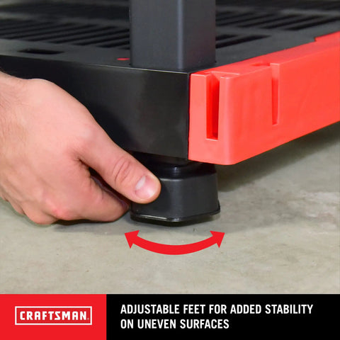 Close-up of adjustable foot on Heavy Duty Four Tier Plastic Storage Shelves For Garage Organization for stability on uneven surfaces.