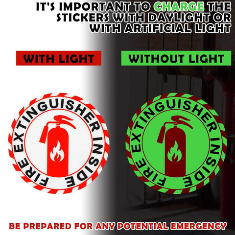 Glow In The Dark Fire Extinguisher Sign Labels 4 Pack 2.76 Inch Self Adhesive Waterproof Stickers shown in light and no light conditions