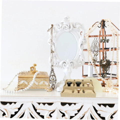 9 Slot Watch Tray Linen Storage Organizer With Cushioned Dividers Jewelry Display Plate secures watches and rings beside decorative mirror.
