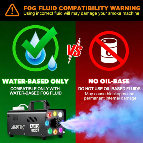Fog machine compatibility warning sign showing water-based fluid approved for Pro Level Fog Machine, 500 Watt Output.