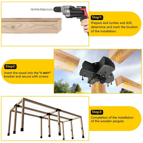 Five Way Right Angle Corner Pergola Brackets For 4 By 4 Wood Beams Actual 3.5 By 3.5 Inches Beefy Heavy Duty Steel With Hardware Outdoor Gazebo DIY Woodwork Bracket For Patios And Cabins