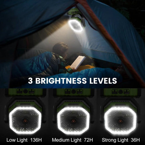 Camping Fan With LED Lantern And 30000mAh Battery illuminating tent with three brightness levels for reading