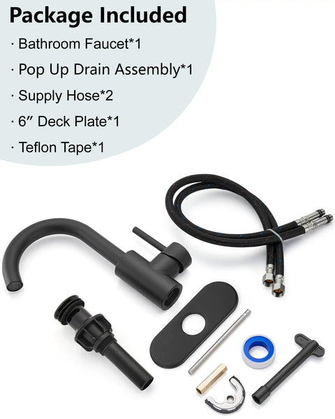 Single Hole Bar Sink Faucet Matte Black With 360 Degree Swivel Spout 304 Stainless Steel One Hole Bathroom Vanity Faucet Deck Plate Included And Pop Up Drain Ideal For Kitchen RV And Patio package contents display