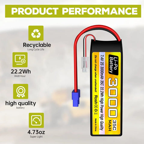 2S 7.4V 3000mAh 35C LiPo Battery With EC3 Plug And USB Charger For RC Cars Trucks Boats Drones FPV Quadcopters And Aircraft