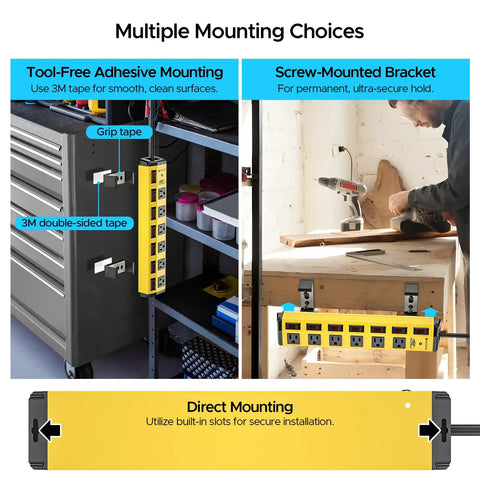 Heavy Duty Metal Power Strip With Six Individually Controlled Switches And 1.77 Inch Wide Outlet Spacing, wall-mounted for home garage or shop.