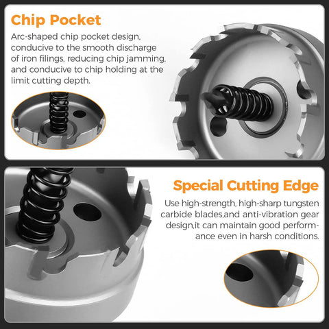 Close-up of chip pocket and cutting edge from Pro Grade Carbide Hole Saw Set 9 Piece Kit With 6 Hole Cutters 2 Pilot Bits 1 L Wrench In Durable Molded Case For Hard Metal And Stainless Steel Fast Cutting And Long Life.